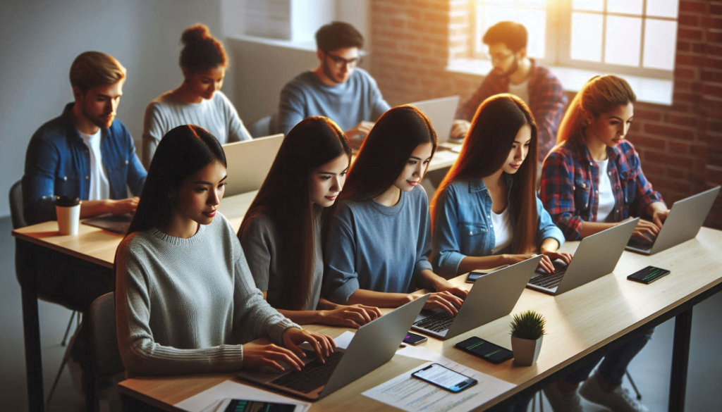 A group of young women Programming Languages on their laptops, collaborating in a modern workspace.