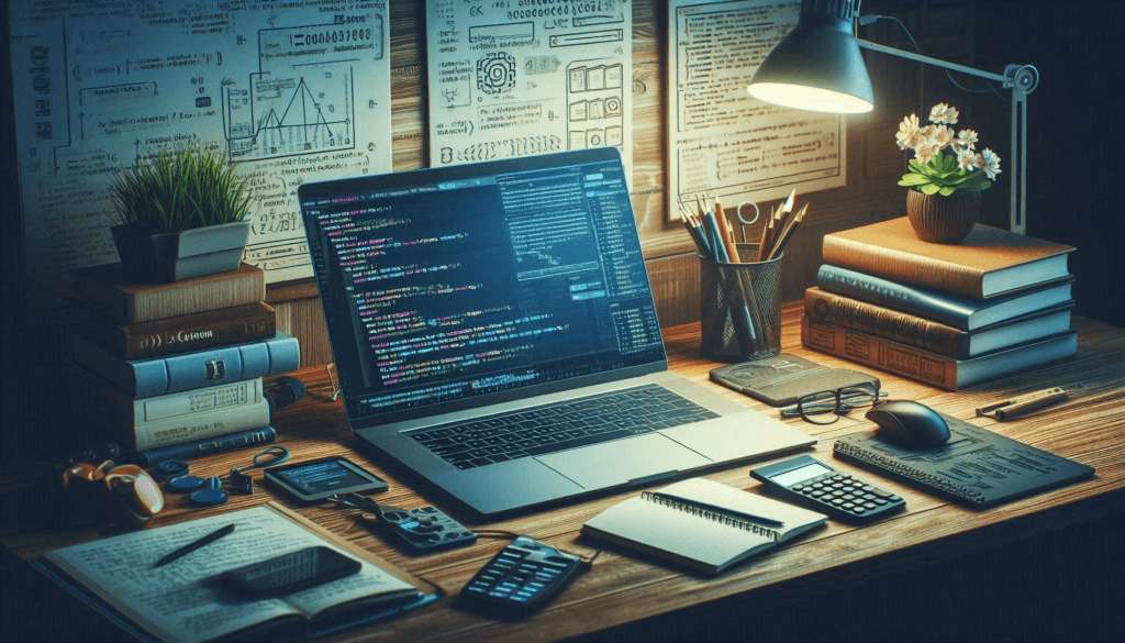 An array of software development tools displayed on a modern workspace desk, including a laptop, code snippets on a screen, and various coding-related books.