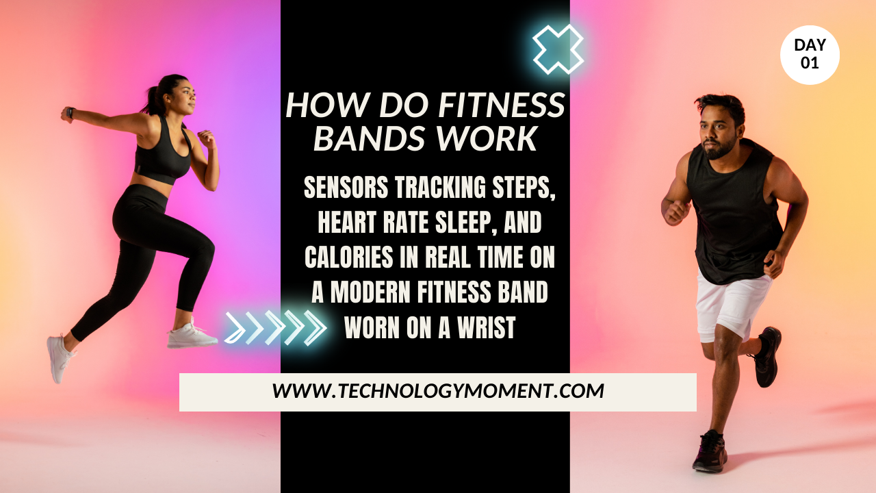 How do fitness bands work showing sensors tracking steps heart rate sleep and calories in real time on a modern fitness band worn on a wrist