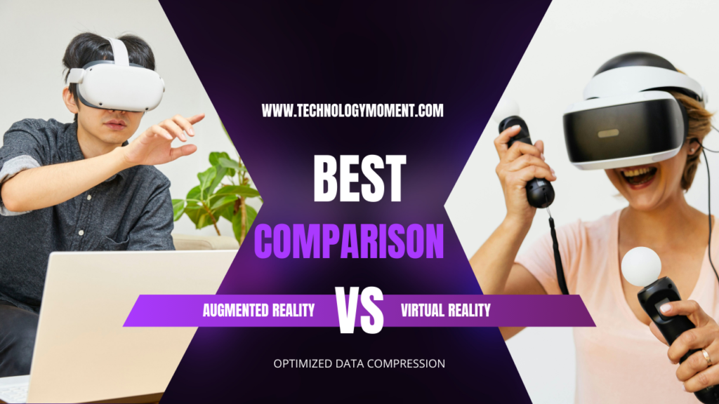 Best compression comparison between augmented reality vs virtual reality showing AR overlays and VR immersive environments with optimized data compression