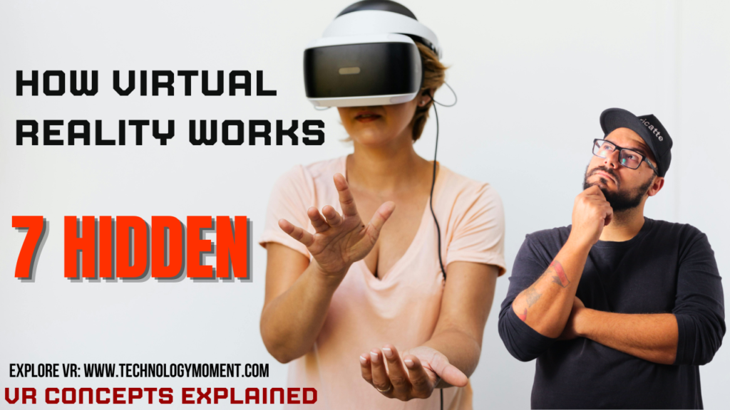 Person using a virtual reality headset experiencing immersive 3D environment demonstrating how virtual reality works with motion tracking, spatial audio, stereoscopic vision, and real-time rendering technology