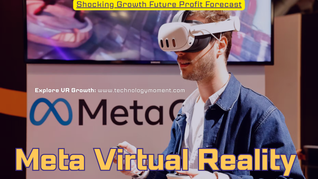 A person wearing a Meta VR headset immersed in a futuristic virtual environment with digital graphs rising in the background, representing Meta virtual reality shocking growth and future profit potential in the global metaverse market.