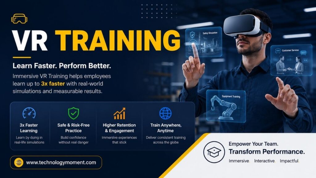VR Training simulation helping employees learn faster through immersive virtual reality workplace scenarios.