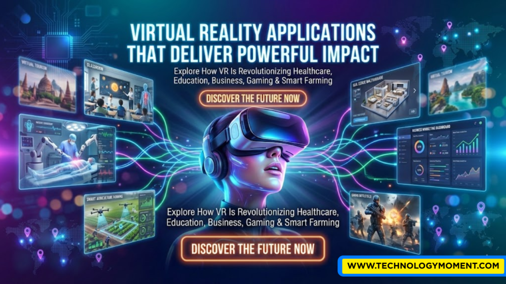 A person using a Virtual Reality Applications interacting with immersive digital environments representing healthcare training, online education, gaming simulation, smart farming, and virtual business applications in a futuristic setting.