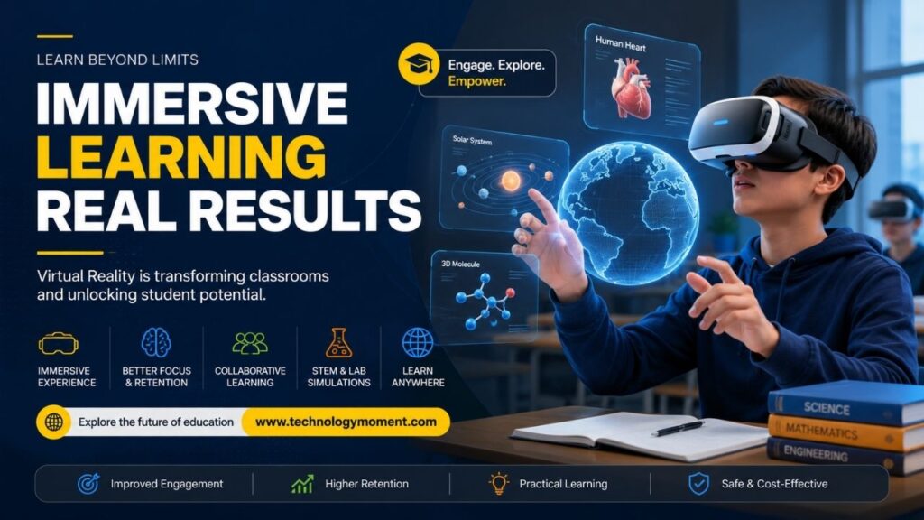 Virtual Reality Education showing a student using a VR headset for immersive STEM learning in a modern classroom.