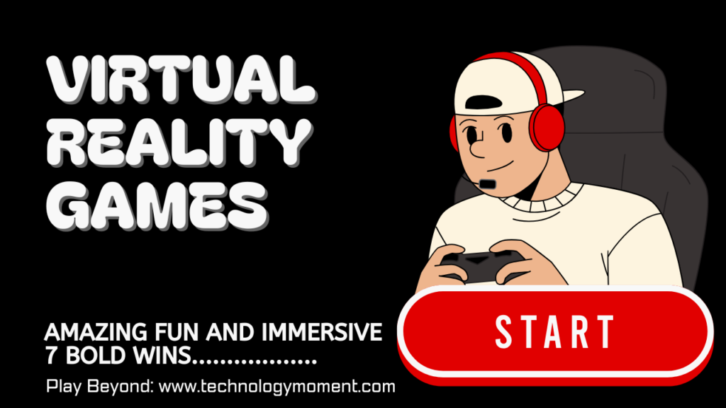A gamer wearing a virtual reality headset enjoying immersive virtual reality games with futuristic visuals and interactive environments