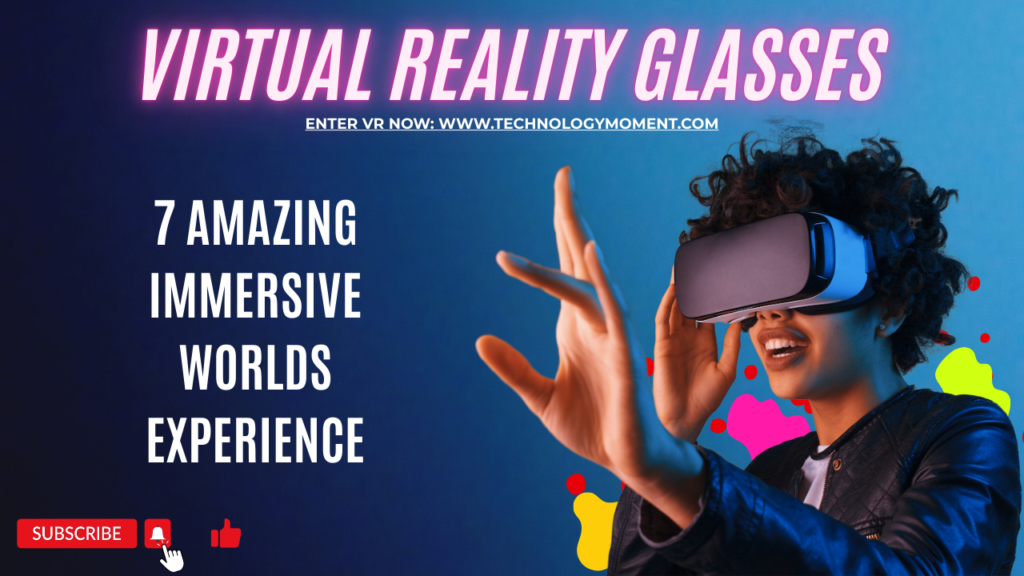 A person wearing advanced virtual reality glasses exploring seven immersive digital worlds including VR gaming, virtual travel, fitness, education, social metaverse spaces, real estate tours, and creative design environments.
