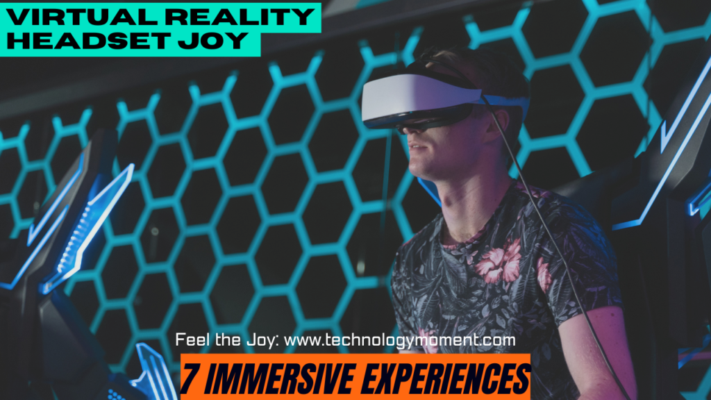 A person wearing a virtual reality headset, smiling with excitement while experiencing immersive gaming, virtual travel, fitness, learning, and social interaction in a colorful digital environment.