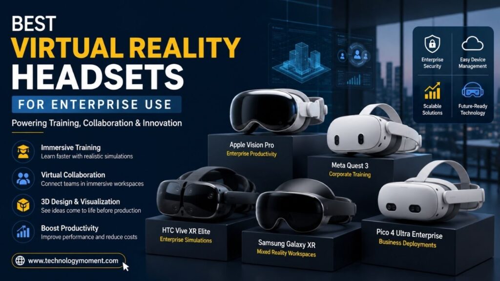 Best Virtual Reality Headsets For Enterprise Use featuring Apple Vision Pro, Meta Quest 3, HTC Vive XR Elite, Samsung Galaxy XR, and Pico 4 Ultra Enterprise in a modern business environment