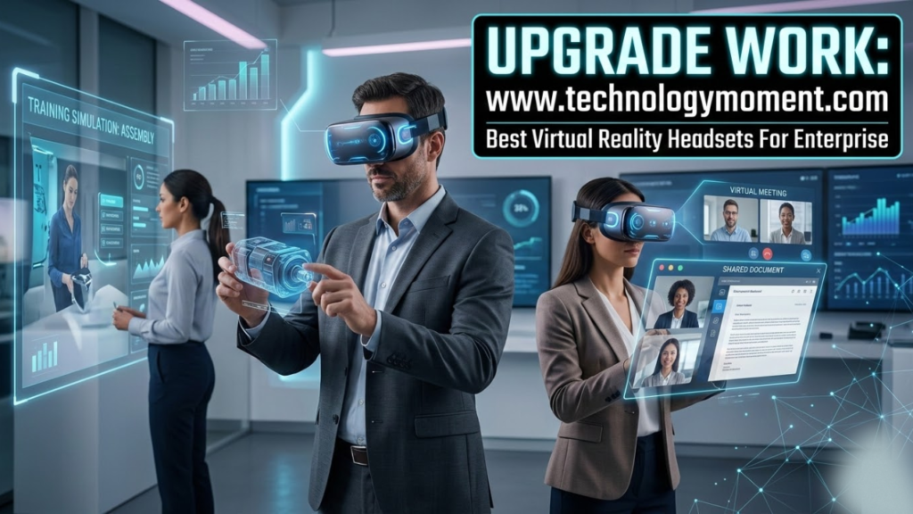 Business professionals use advanced virtual reality headsets in a modern office environment for employee training, remote collaboration, and enterprise VR simulations, showcasing the best virtual reality headsets for enterprise use.