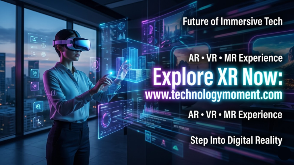 A futuristic extended reality scene showing a person using a VR headset interacting with augmented and mixed reality holograms, representing immersive XR technology innovation in gaming, business, and education.