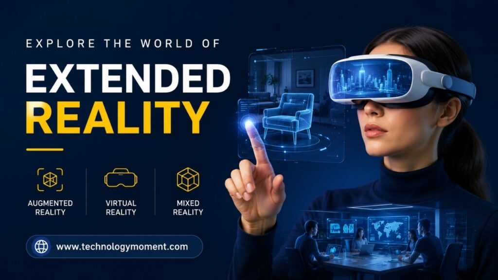 Extended Reality concept showing a woman using a VR headset with augmented holographic interface and digital objects in a futuristic environment