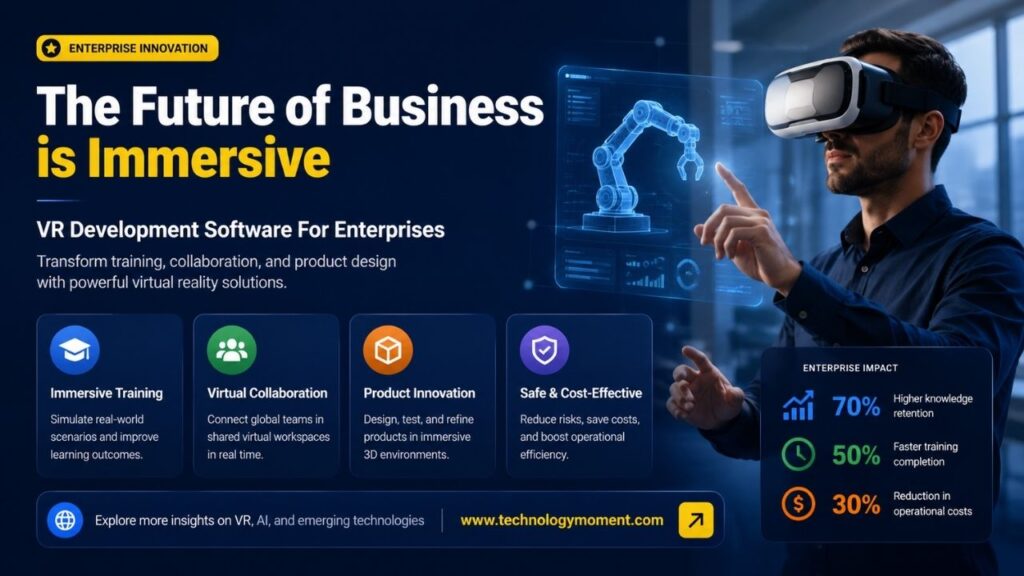 Professional using VR headset interacting with a virtual interface showcasing VR development software for enterprises in training, collaboration, and product design