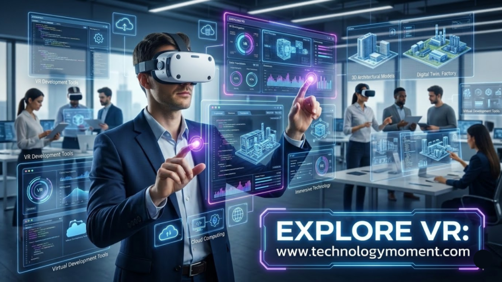 Business professionals using VR Development Software for Enterprises in a modern enterprise workspace to design immersive virtual reality applications for training, product simulation, and digital collaboration.