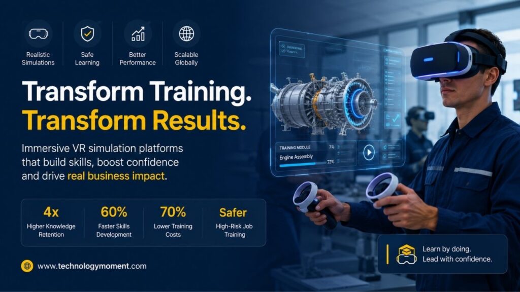 Professional using VR simulation platforms for employee training in an immersive virtual workplace to improve safety, skills, and workforce performance.