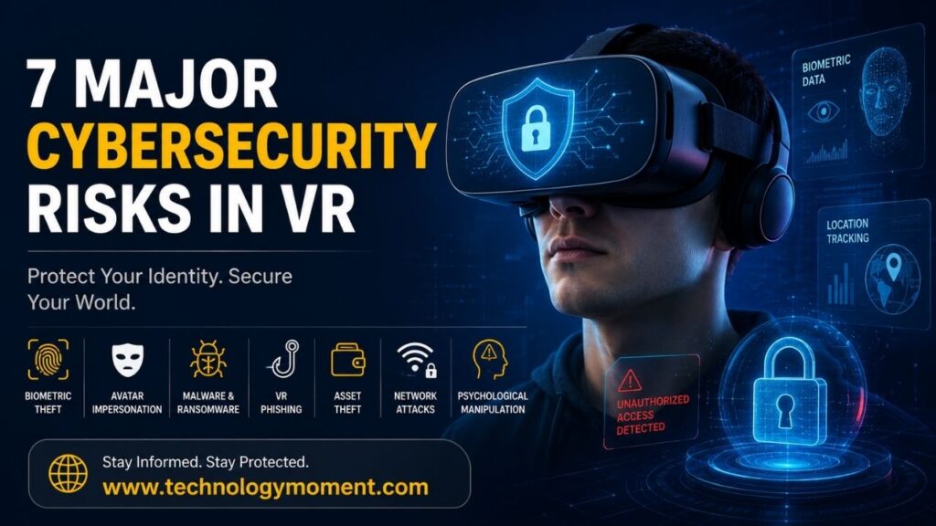 Virtual reality cybersecurity challenges concept showing a person wearing a VR headset with biometric data, phishing threats, and digital security icons in a futuristic interface