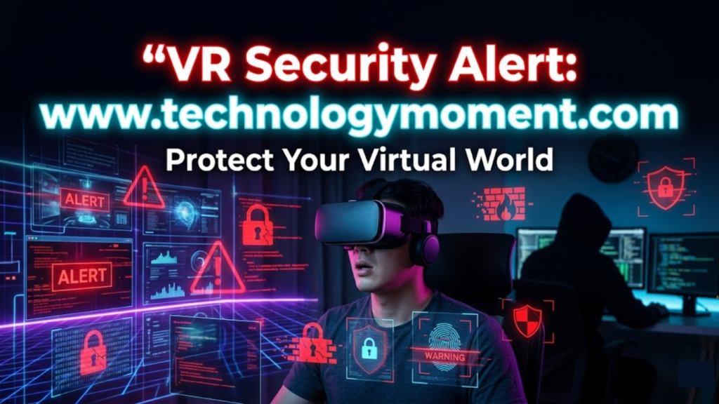 Virtual Reality Cybersecurity Challenges headset user surrounded by holographic security warnings, hackers, and digital data streams highlighting the cybersecurity risks and vulnerabilities in VR technology.