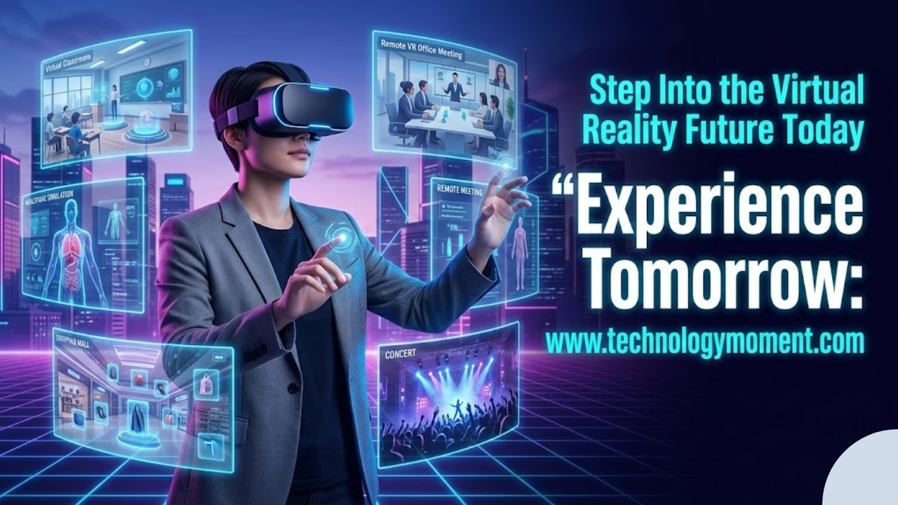 A futuristic virtual reality scene showing a person wearing an advanced VR headset in a neon-lit digital city, interacting with holographic screens, AI avatars, virtual classrooms, remote workspaces, and immersive healthcare simulations representing the future of virtual reality technology.