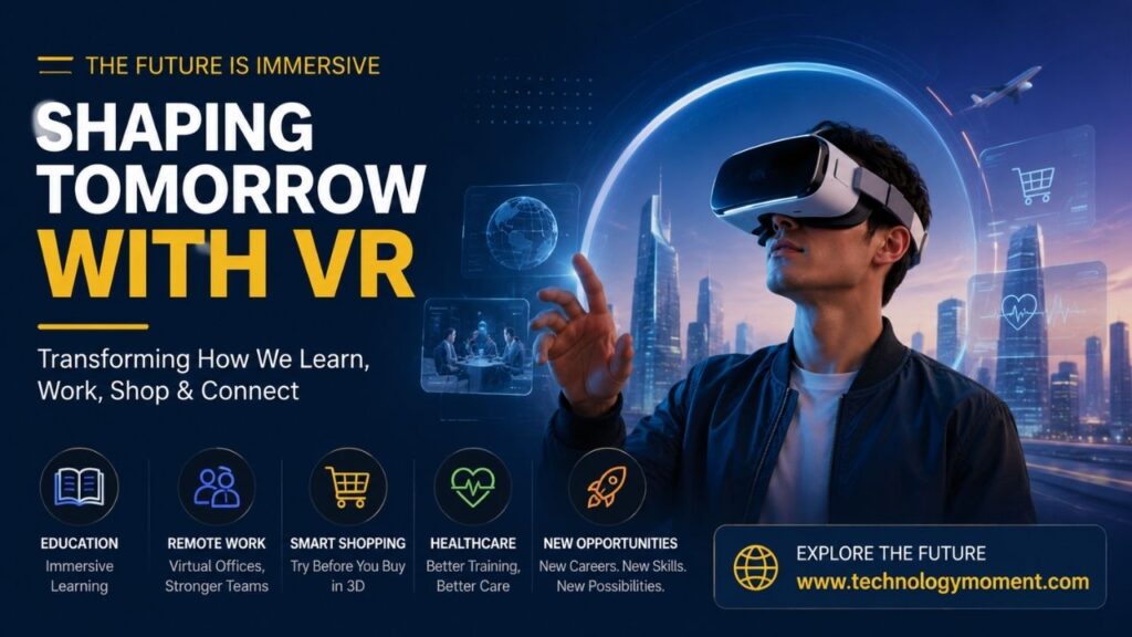 Virtual Reality Future showing immersive VR technology transforming education, remote work, healthcare, shopping, and digital experiences.