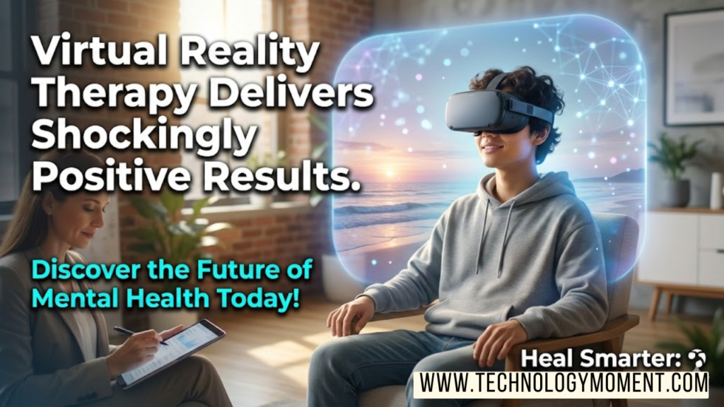 Person wearing a virtual reality therapy session for anxiety and PTSD treatment, guided by a mental health professional in a clinical setting.