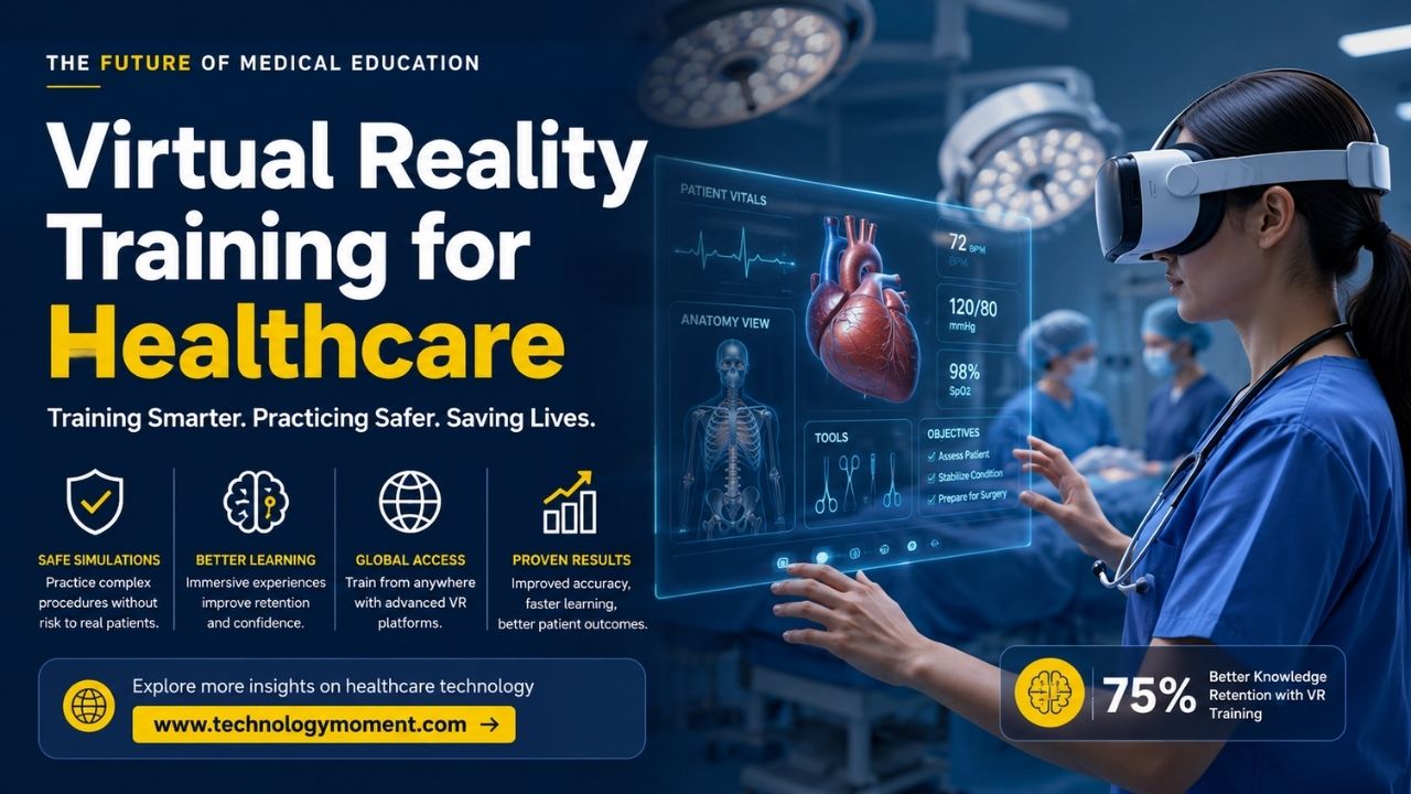 Virtual reality training for healthcare showing a medical professional using a VR headset with interactive anatomy and patient data in a digital hospital simulation