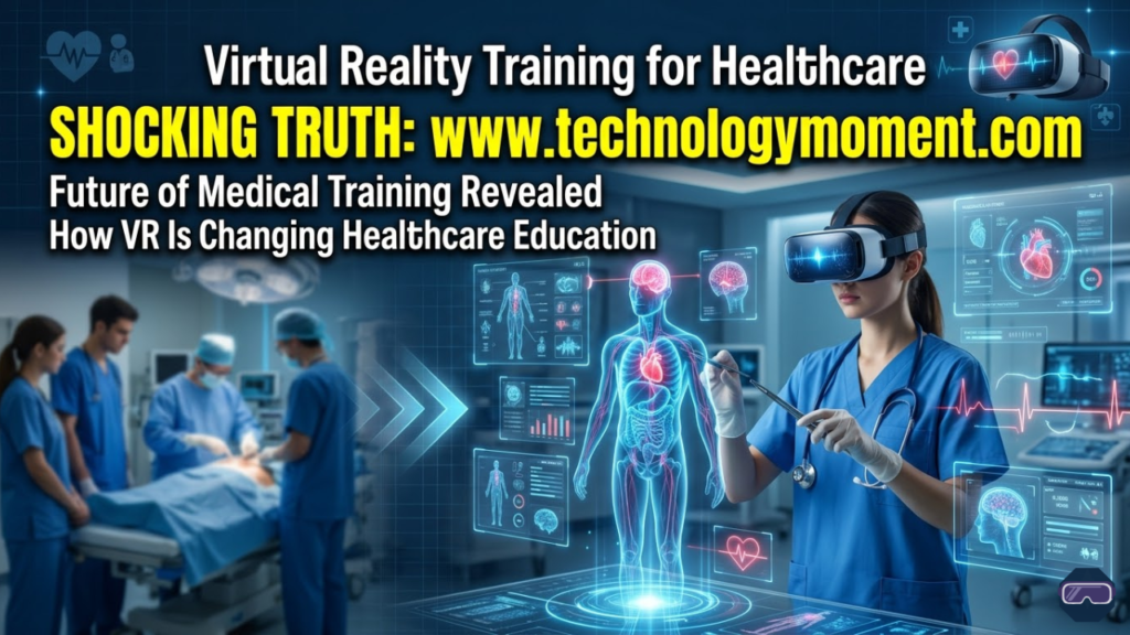 A medical student wearing a virtual reality headset practicing surgery in a futuristic digital operating room, surrounded by holographic medical data and 3D patient anatomy simulations representing advanced Virtual Reality Training for Healthcare technology.