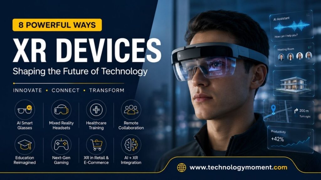 Futuristic banner showing a person wearing smart XR glasses with holographic interface elements representing XR devices, AI integration, remote collaboration, and digital transformation.