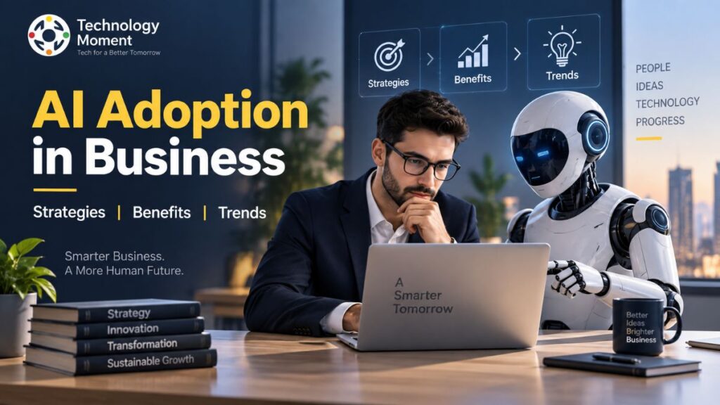 AI Adoption in Business showing a professional and AI assistant collaborating on smarter business strategies, benefits, and trends.