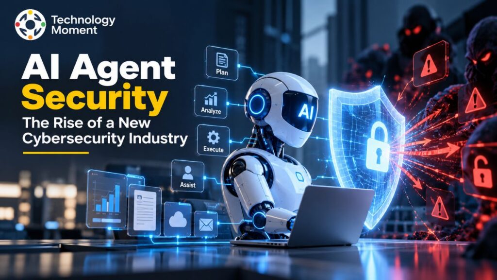 AI Agent Security concept showing an autonomous AI agent protected by a cybersecurity shield and secure digital network.