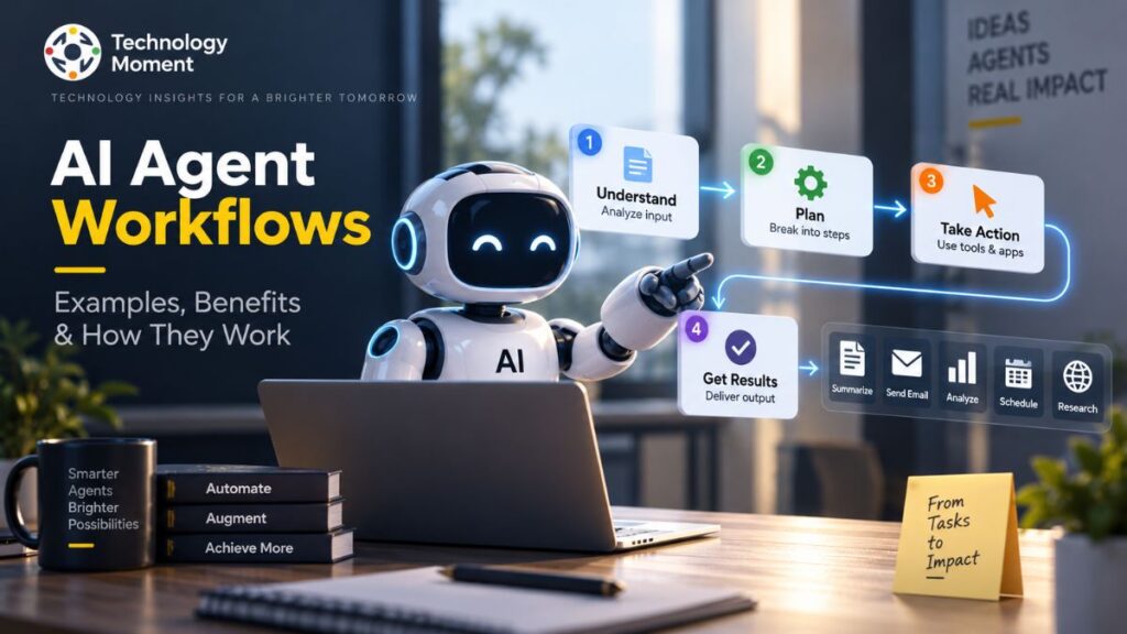 AI Agent Workflows showing an AI agent understanding tasks, planning steps, taking actions, and delivering results through connected tools.