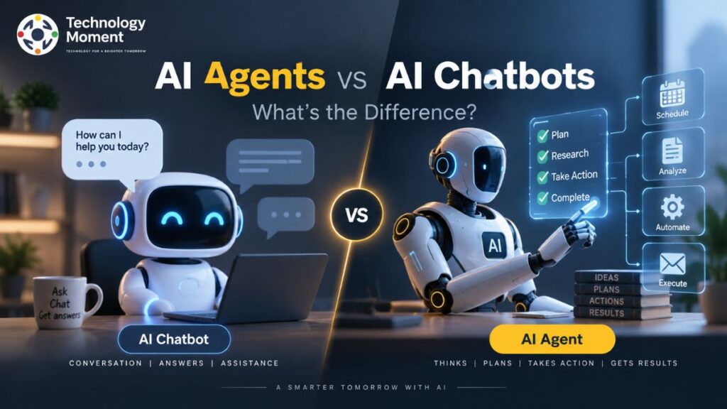 AI Agents vs AI Chatbots comparison showing a conversational chatbot on one side and an AI agent planning, researching, automating, and taking actions on the other.