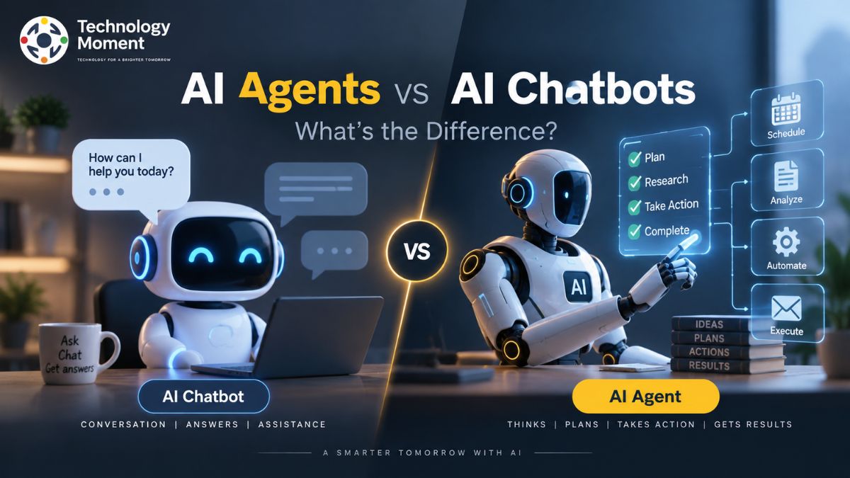 AI Agents vs AI Chatbots comparison showing a conversational chatbot on one side and an AI agent planning, researching, automating, and taking actions on the other.