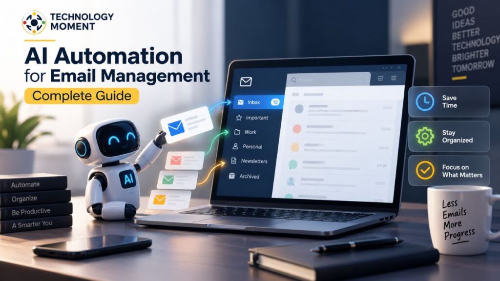AI Automation for Email Management showing an AI assistant organizing emails on a laptop.