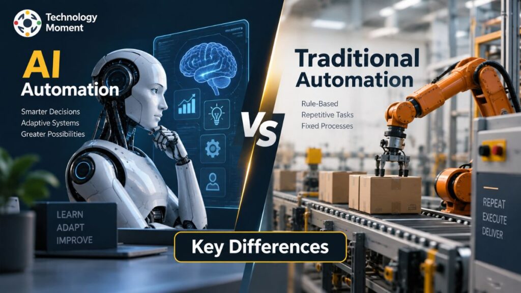 AI Automation vs Traditional Automation comparison showing an intelligent AI system alongside a rule-based industrial robotic automation system.