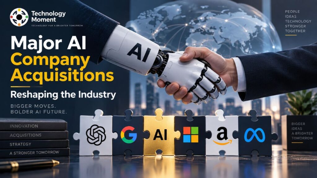 AI Company Acquisitions reshaping the technology industry, shown through a human and AI robot handshake with connected global technology networks.
