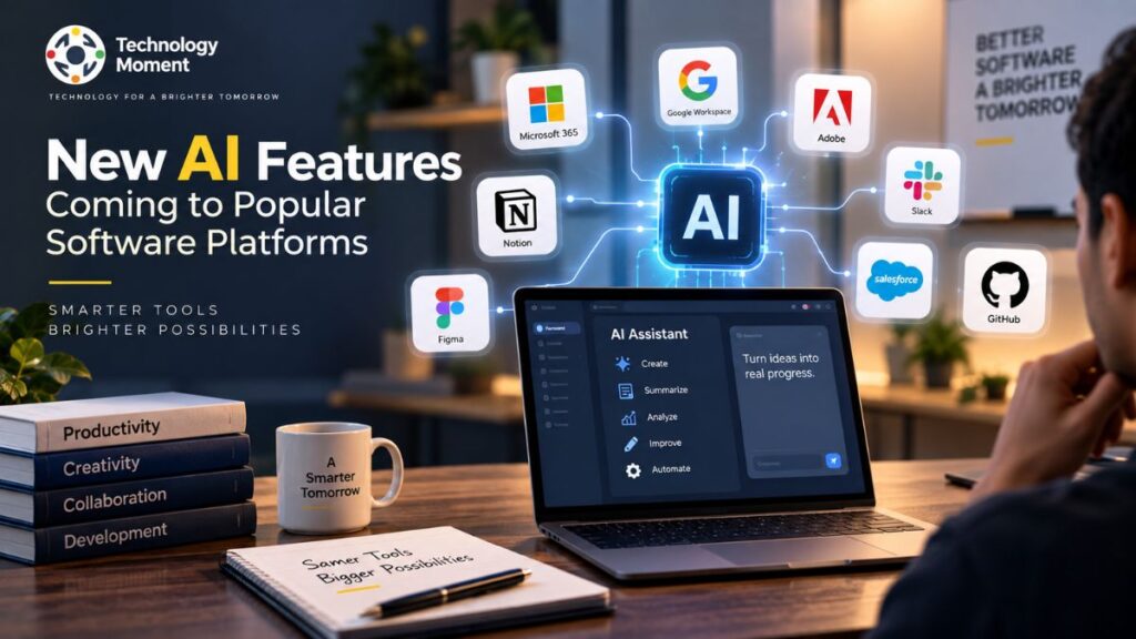 AI Features Coming to Popular Software platforms, shown through an AI assistant connecting with productivity, design, collaboration, and development tools.