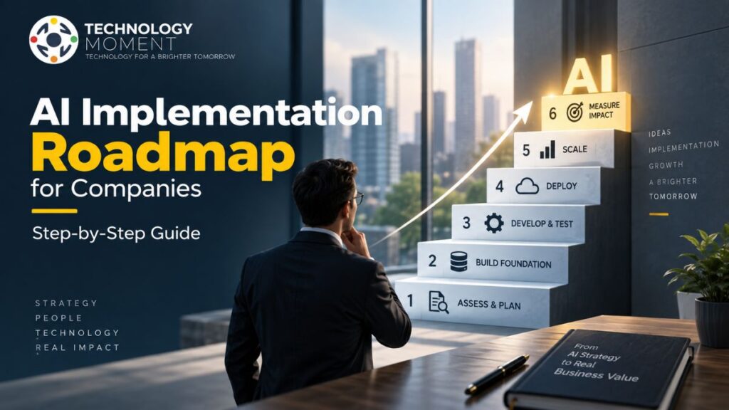 AI Implementation Roadmap for companies showing a step-by-step path from planning and development to AI deployment, scaling, and measuring business impact.