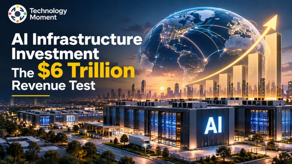 AI Infrastructure Investment: The $6 Trillion Revenue Test, showing advanced AI data center infrastructure and computing systems.