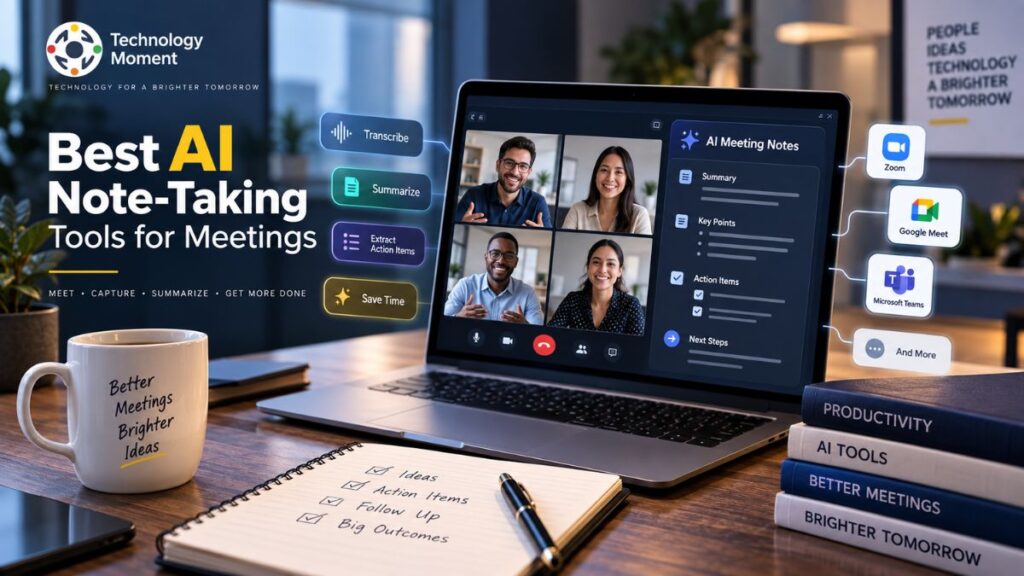 AI Note-Taking Tools for Meetings on a laptop screen, showing meeting transcription, summaries, key points, and action items.