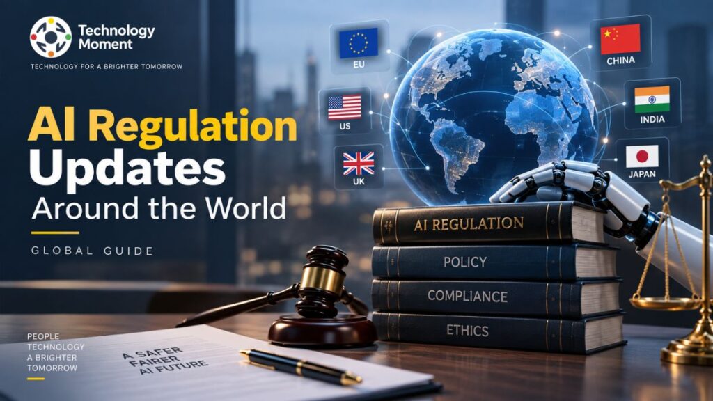 AI Regulation Updates Around the World shown through a global AI network, international flags, regulation books, a robotic hand, gavel, and justice scales.