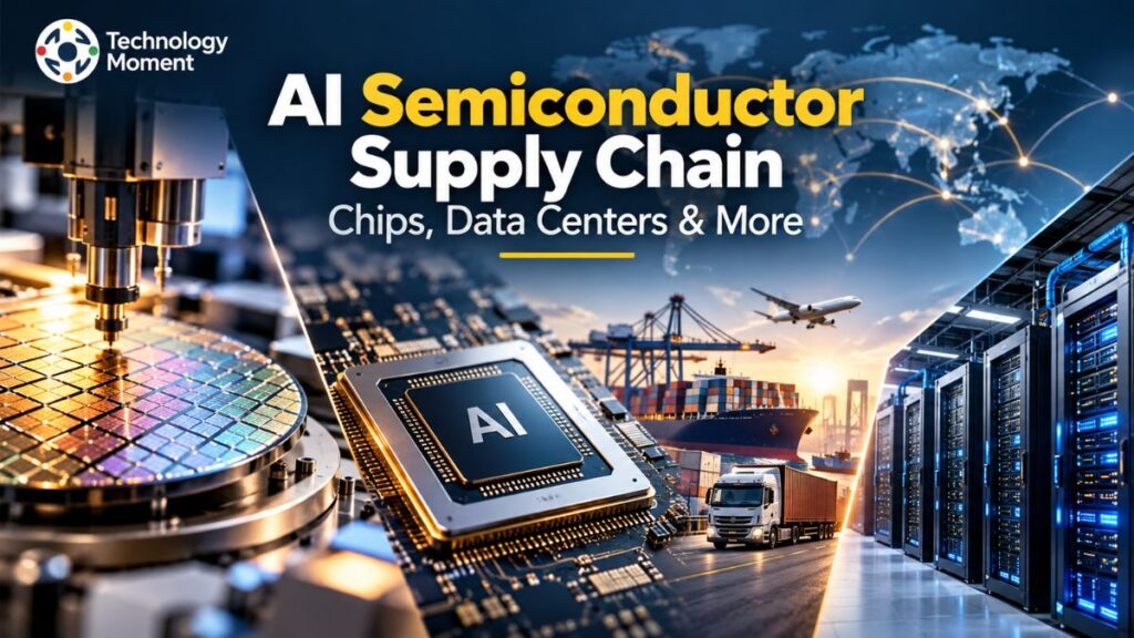AI Semiconductor Supply Chain showing AI chips, semiconductor manufacturing, and data center infrastructure.