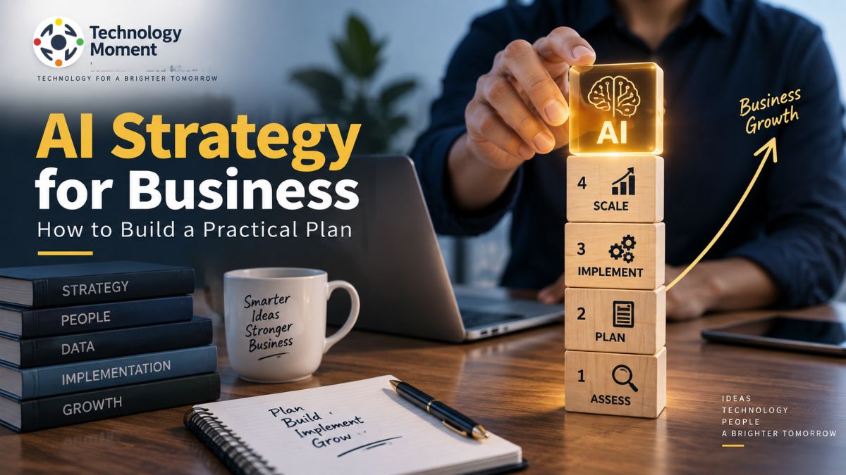 AI Strategy for Business showing a practical four-step approach to assess, plan, implement, and scale AI for business growth.