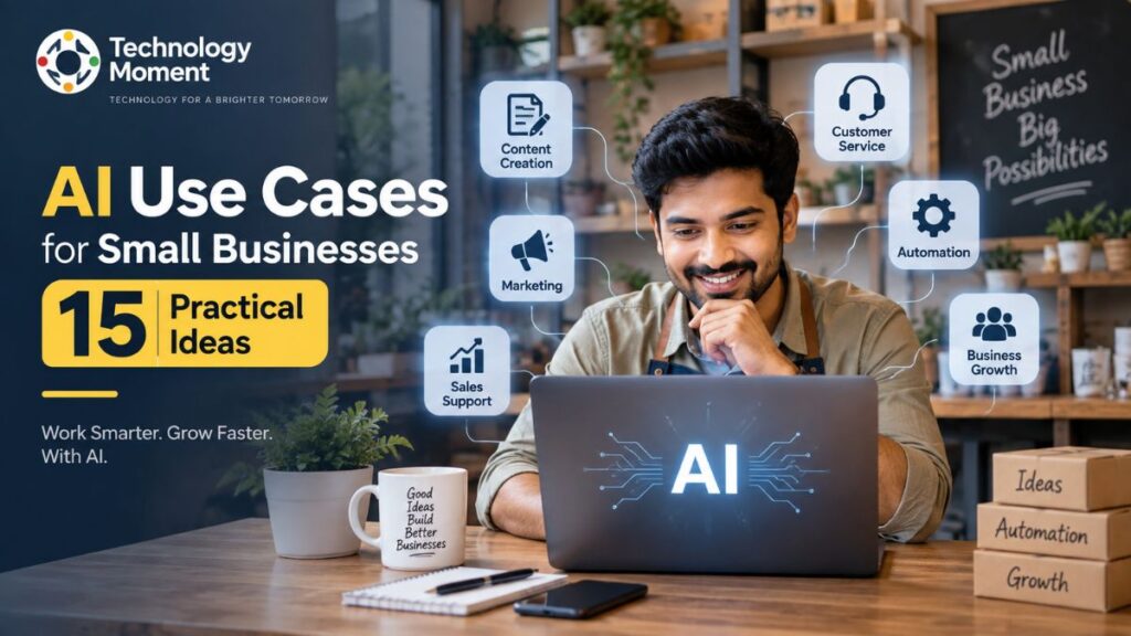 AI Use Cases for Small Businesses showing a small business owner using AI for content creation, marketing, customer service, automation, sales support, and business growth.