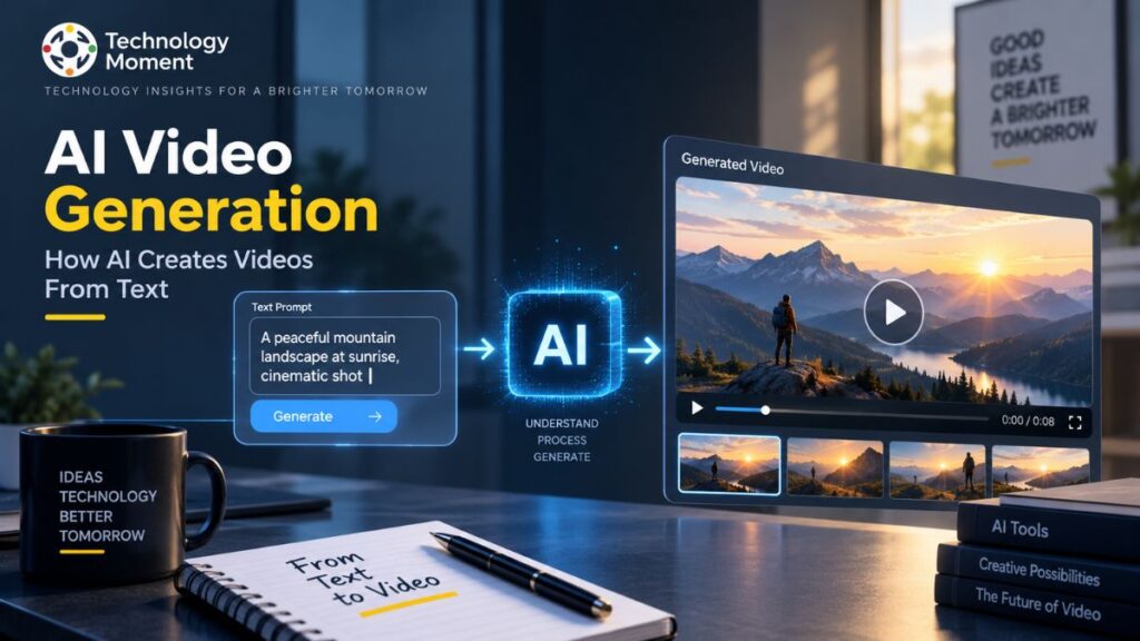 AI Video Generation process showing how AI transforms a text prompt into a generated video.