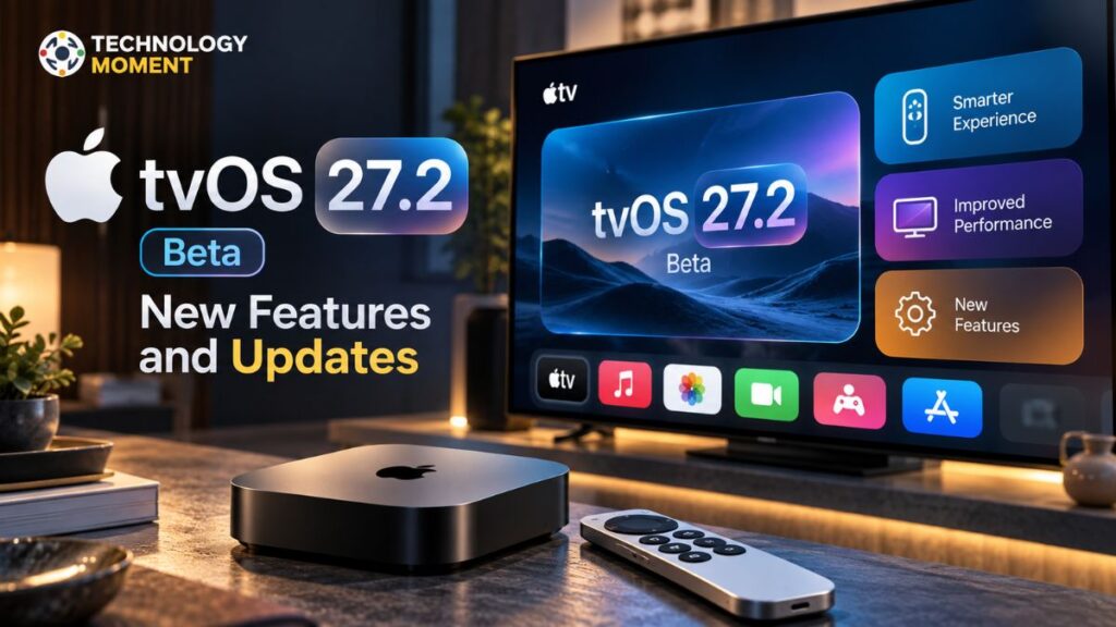 Apple tvOS 27.2 Beta interface and Apple TV device representing new features and updates in the latest beta release.