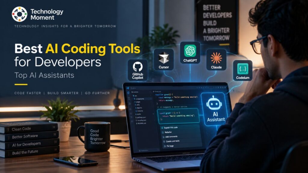 Best AI Coding Tools for Developers featuring a developer using AI coding assistants alongside a laptop with code and AI-generated suggestions.