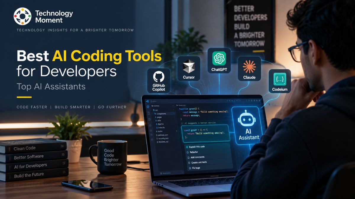 Best AI Coding Tools for Developers featuring a developer using AI coding assistants alongside a laptop with code and AI-generated suggestions.