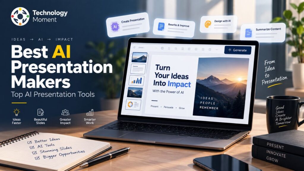 Best AI Presentation Makers featuring AI-powered presentation tools on a modern laptop.
