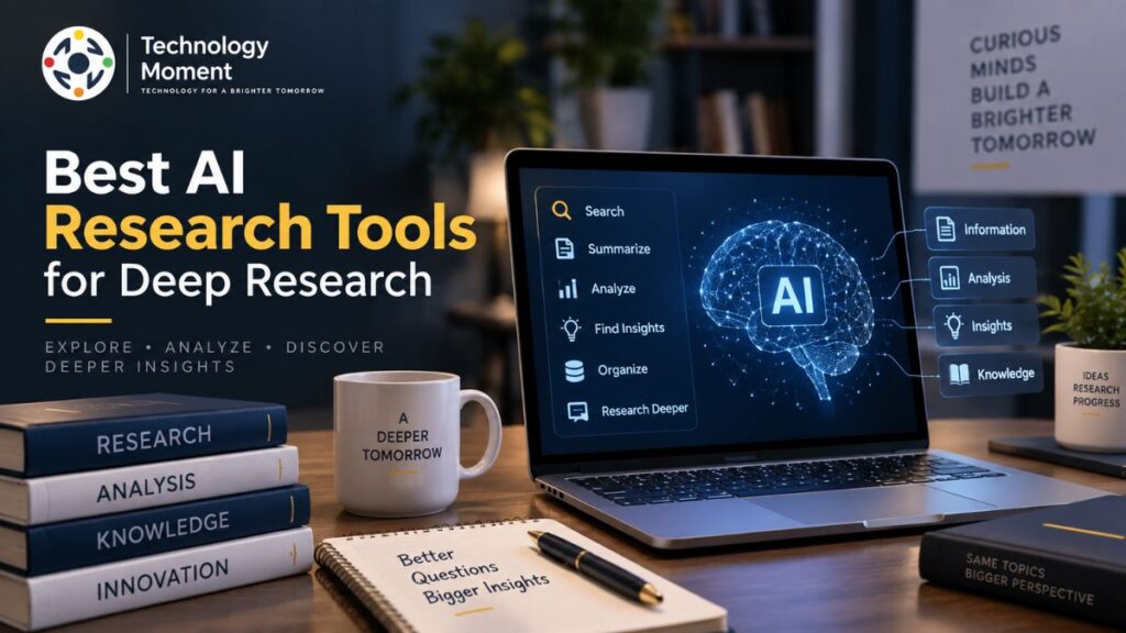 Best AI Research Tools for Deep Research, showing AI-powered research and analysis on a laptop.