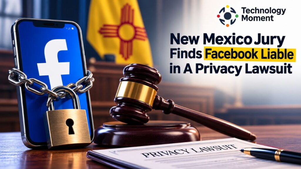 Facebook Liable in A Privacy Lawsuit — Technology Moment graphic about Facebook facing a privacy lawsuit over data privacy concerns.